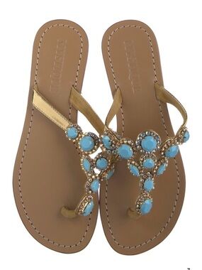 Mystique Boutique Gold Sandals with Turquoise Beaded Accents - Women